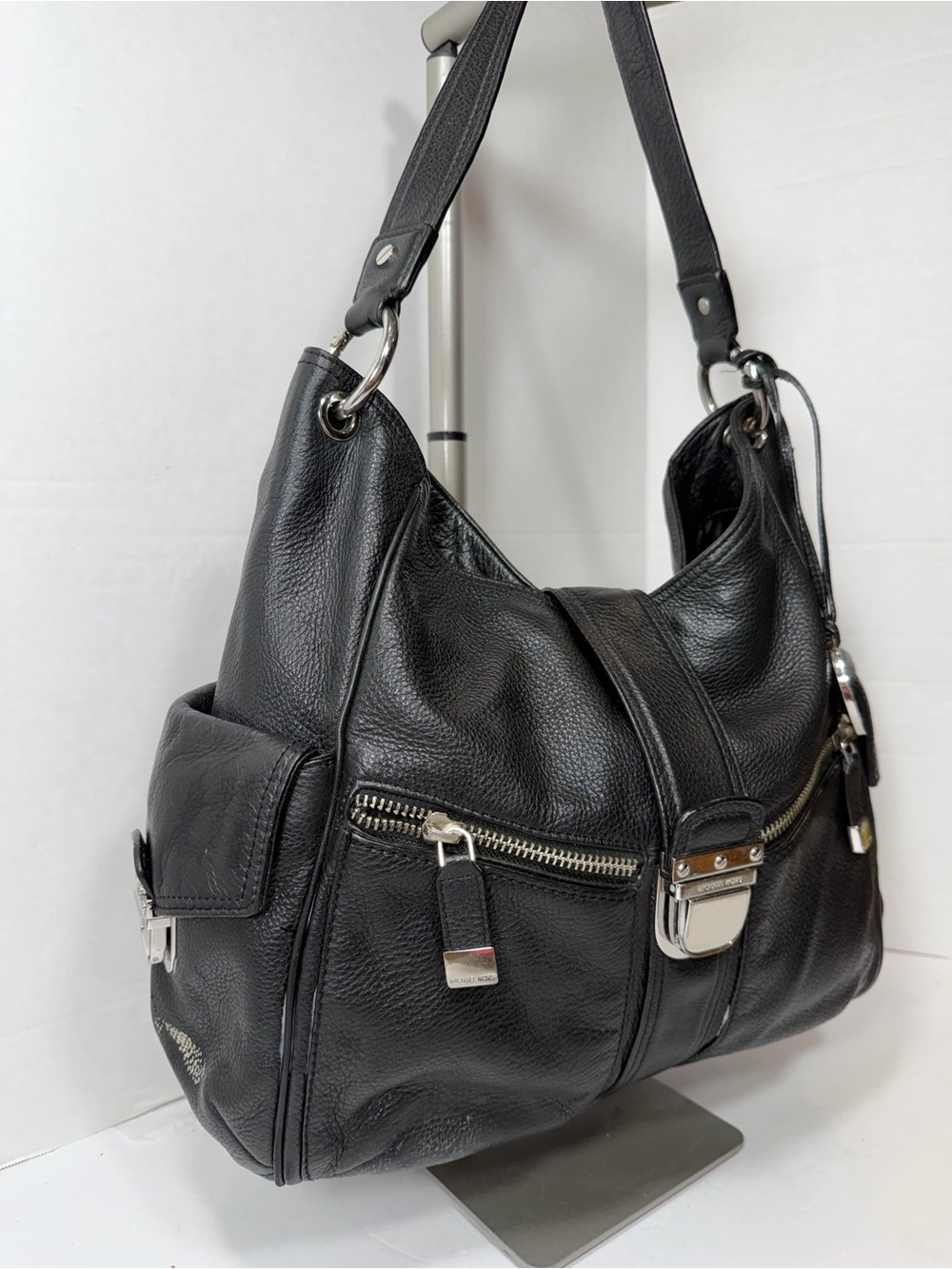 Vintage Michael Kors Black Leather Shoulder Hobo Bag Y2K - Picture 3 of 7